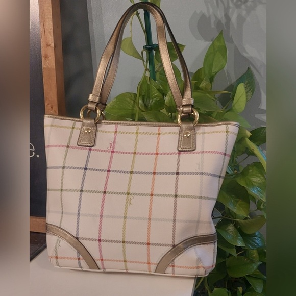 Authentic Coach Plaid Tote Bag White Multicolor Stripes Gold Handles - Picture 2 of 12